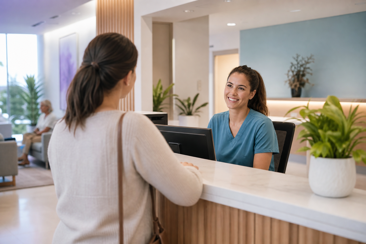 Friendly receptionist welcoming a patient at a bright modern clinic