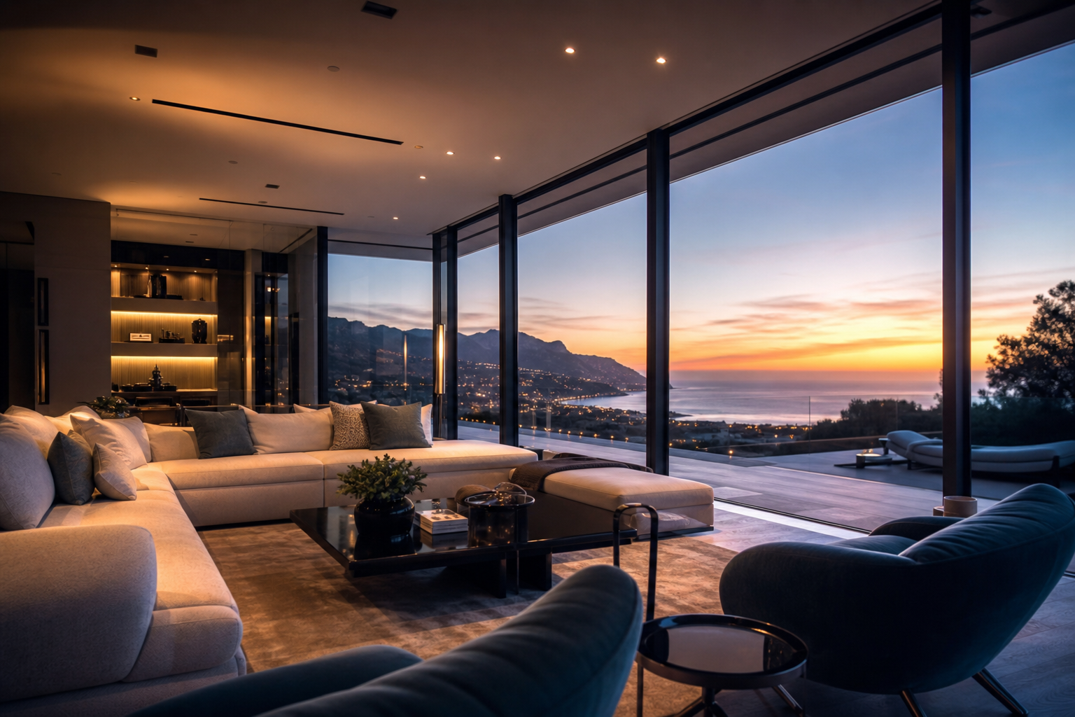 Stunning modern luxury living room overlooking the ocean at sunset