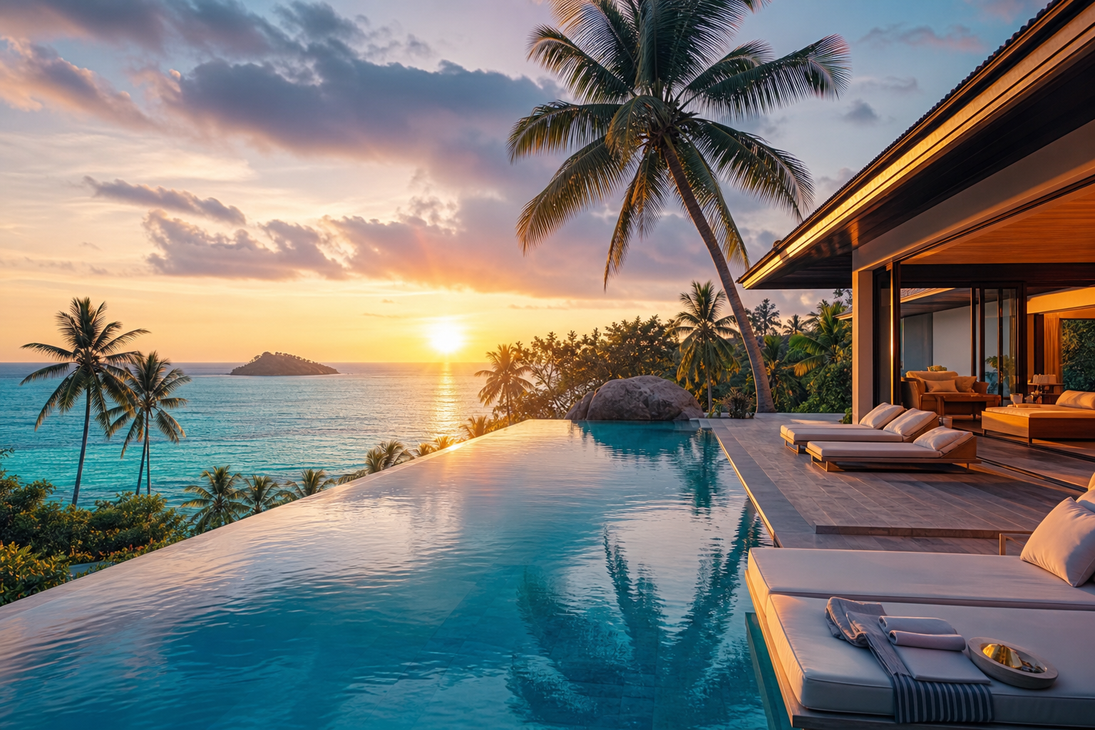 Luxury infinity pool overlooking a tropical ocean at sunset